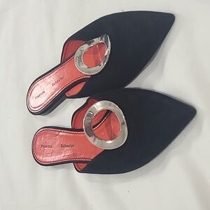 Proenza Shouler black suede silver buckle slides.